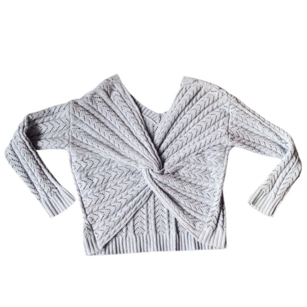 Flirty cable knit pale blue twist back open weave sweater size small